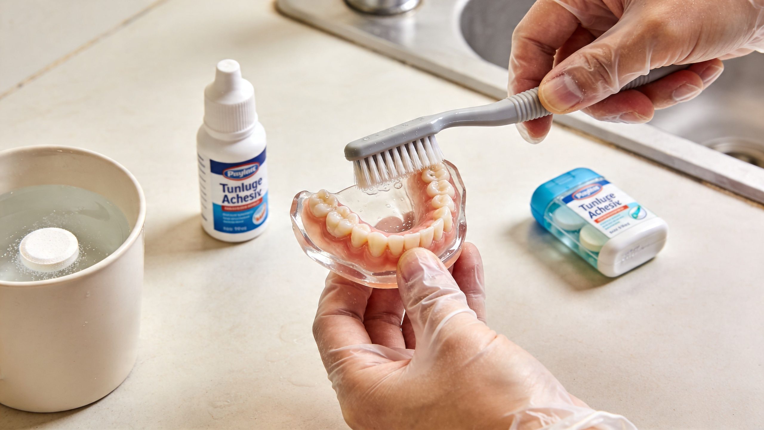 A person wearing gloves cleaning partial dentures with a toothbrush and cleaning supplies on a kitchen counter.