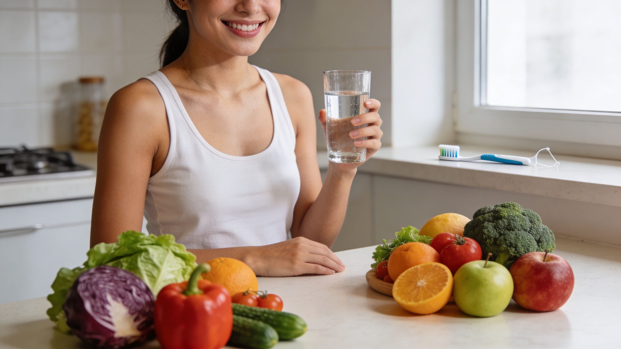 A smiling woman holding a glass of water, surrounded by fresh fruits and vegetables on a kitchen counter.
