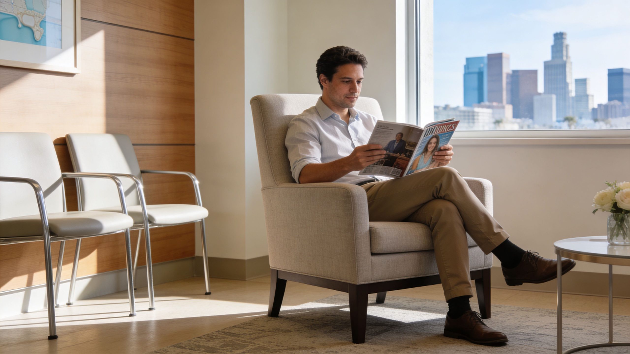 A man in a light blue shirt sitting in a waiting room chair reading a magazine.