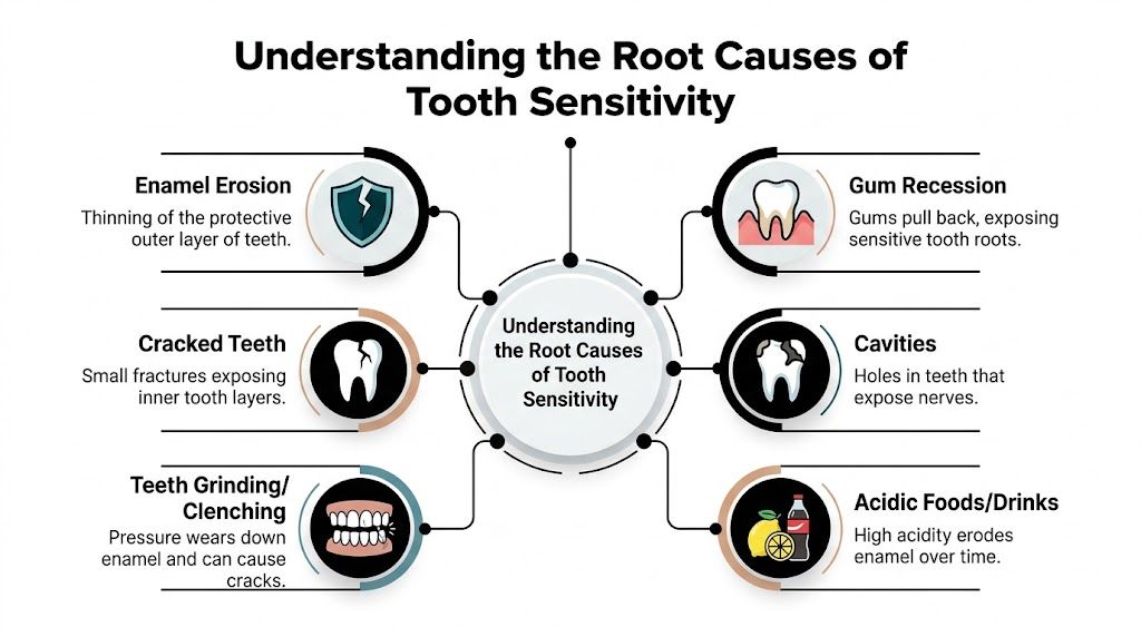 An infographic showing six primary causes of tooth sensitivity, including erosion, gum recession, and teeth grinding.