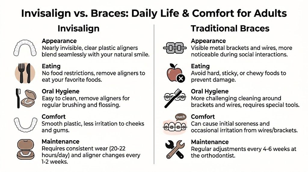 A comparison chart outlining the pros and cons of Invisalign clear aligners versus traditional metal braces for adults.