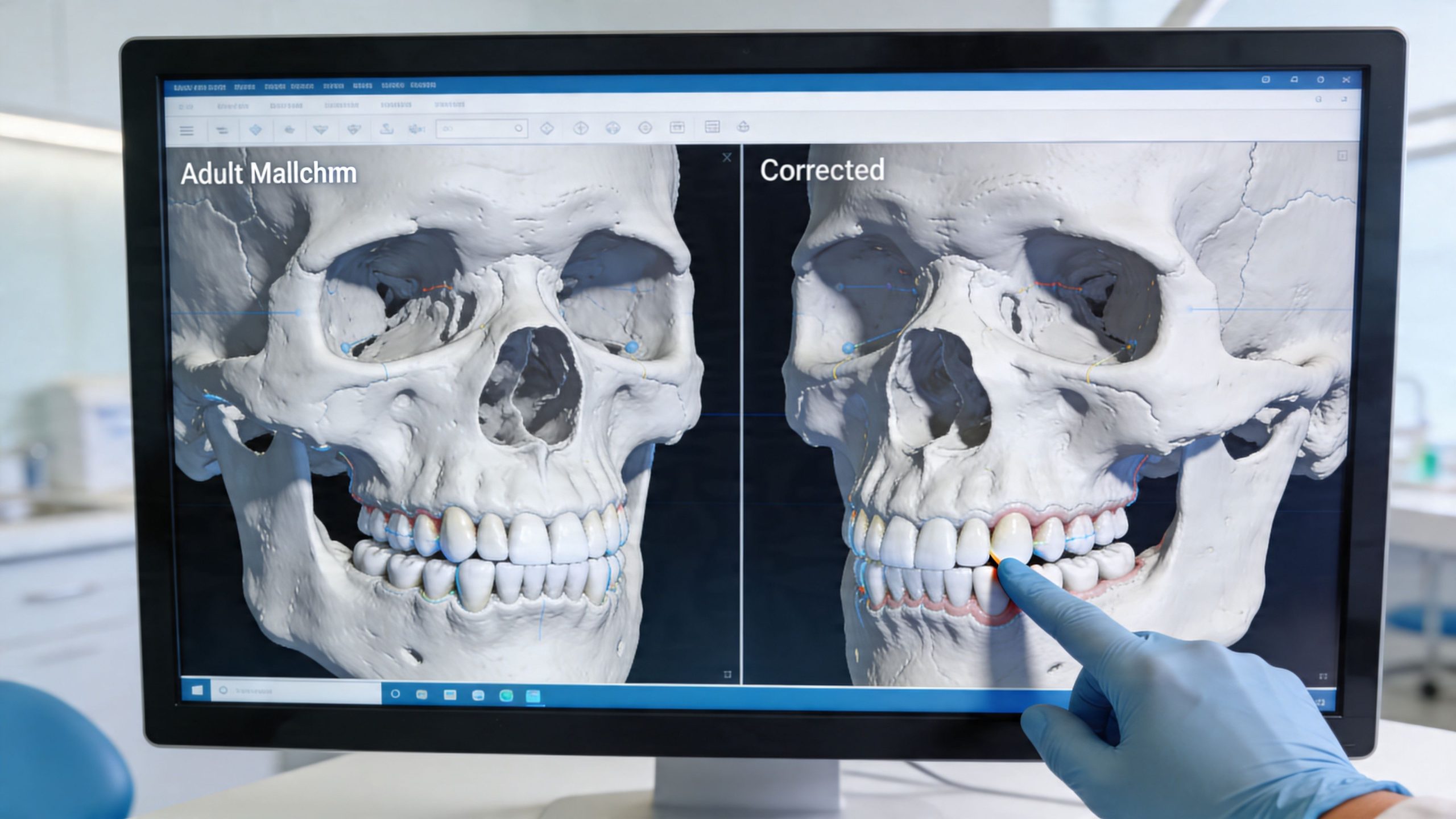 A digital screen showing a 3D dental model comparison between uncorrected adult teeth and corrected alignment.