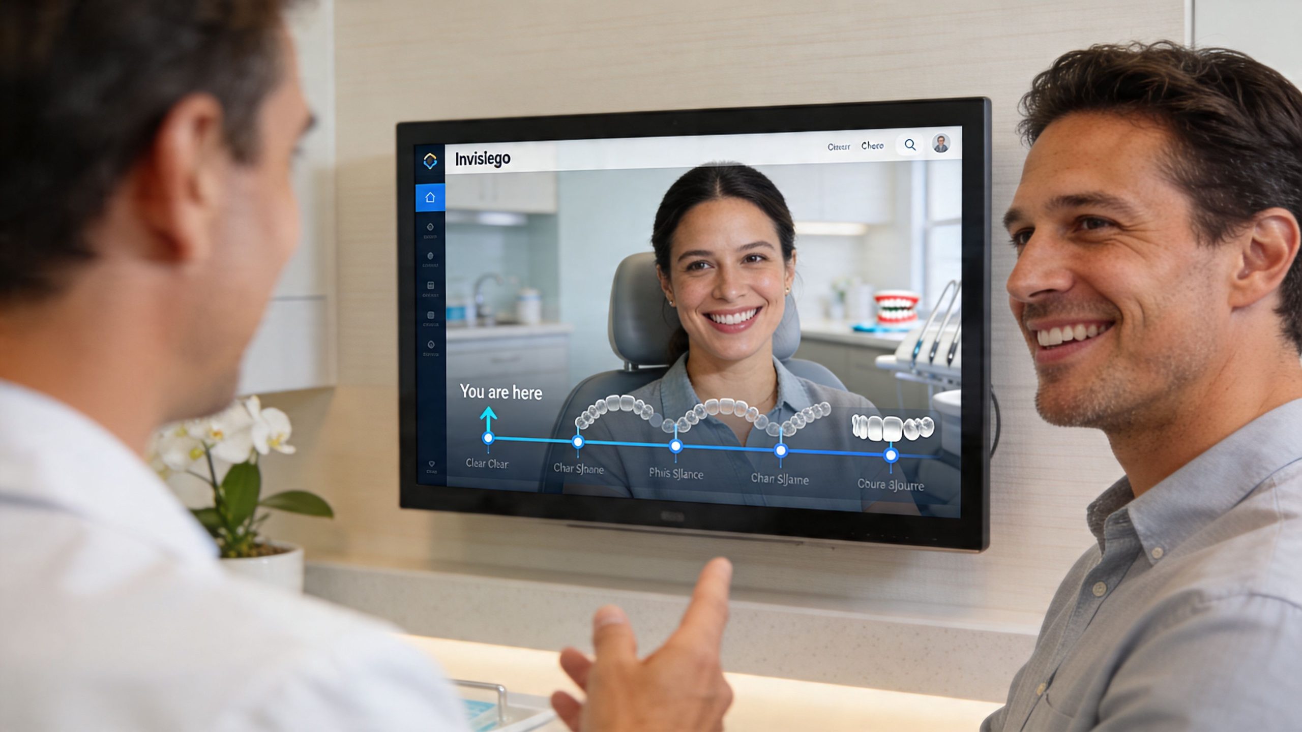A dentist and a patient reviewing orthodontic treatment progress on a digital screen in a clinical office.