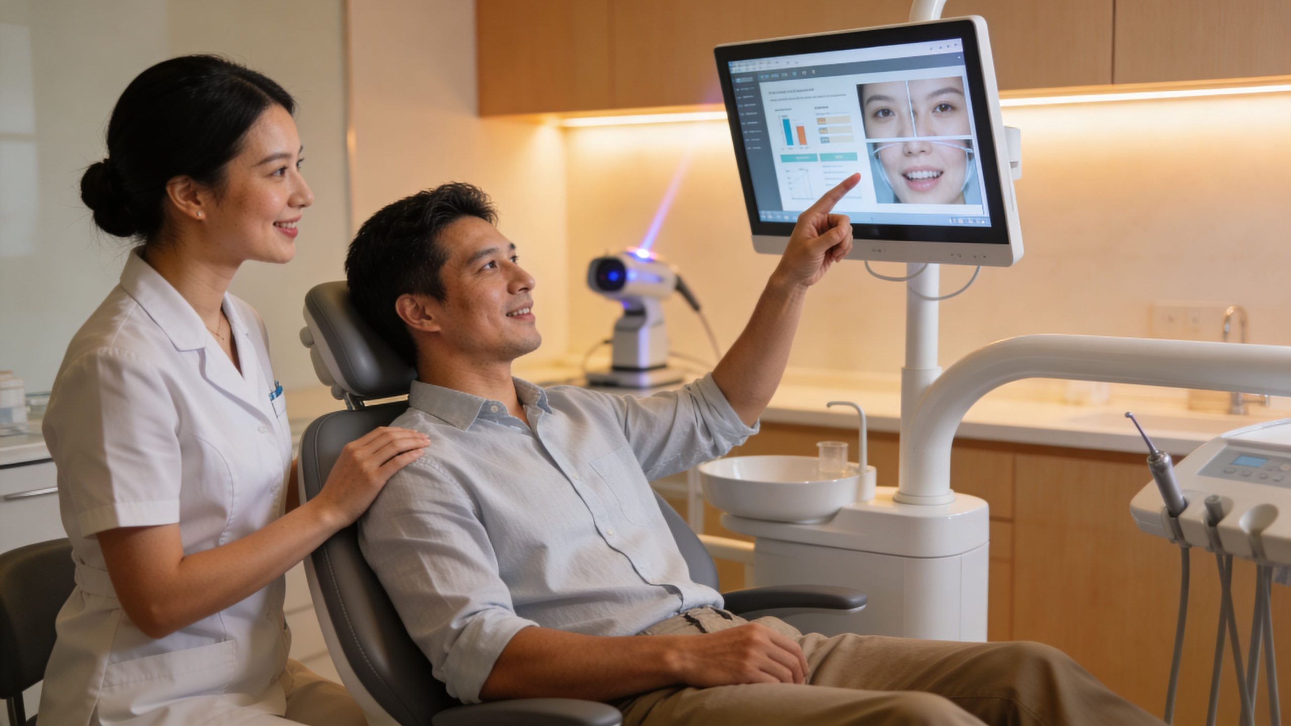 A dentist shows a patient his digital dental scan results on a screen in a modern clinic.