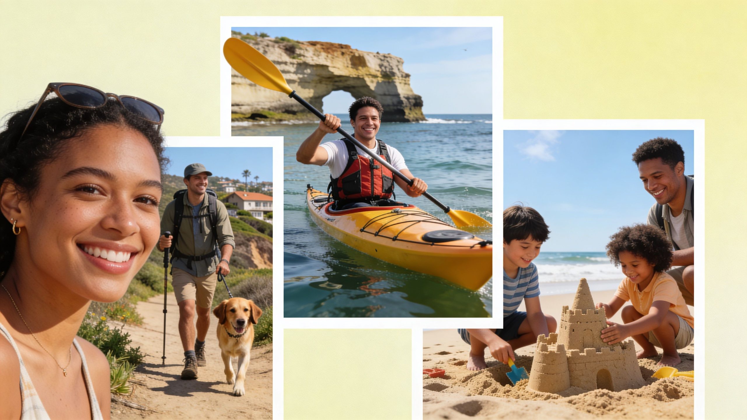 A collage showing a happy woman, a man kayaking, and a family building a sandcastle together.
