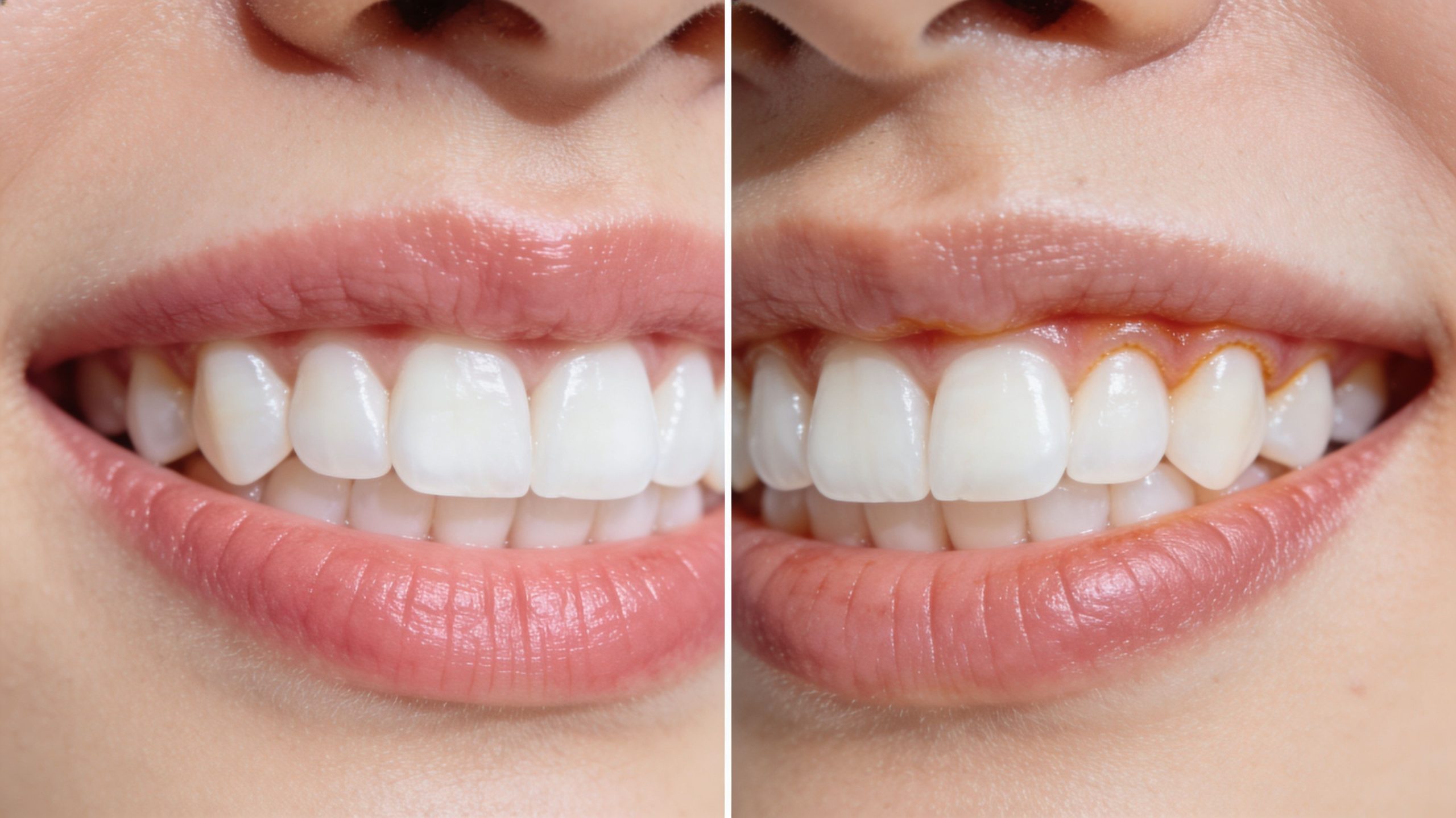 A split-screen comparison showing healthy gums on the left and inflamed gum tissue on the right.