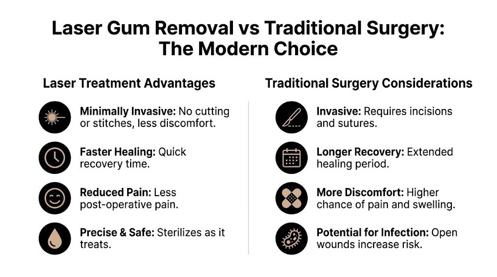 A comparison chart outlining the benefits of laser gum removal compared to traditional surgical procedures.
