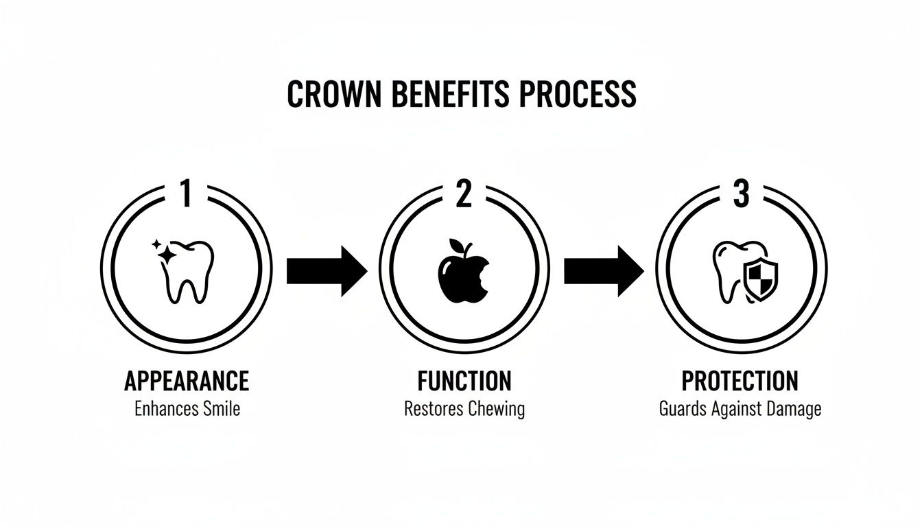A diagram outlining the crown benefits process: appearance, function, and protection for teeth.