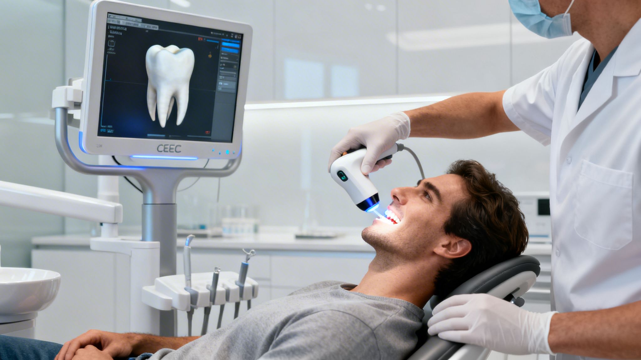 A dentist uses an intraoral scanner on a patient's mouth, showing a 3D tooth model on a monitor.