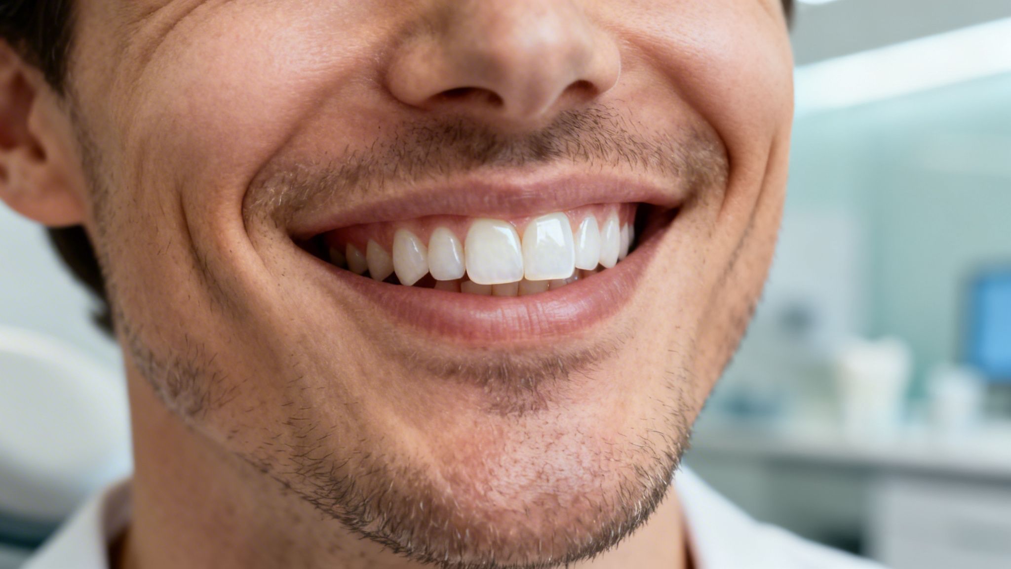 Smiling man showing his bright, healthy, and perfectly aligned white teeth.