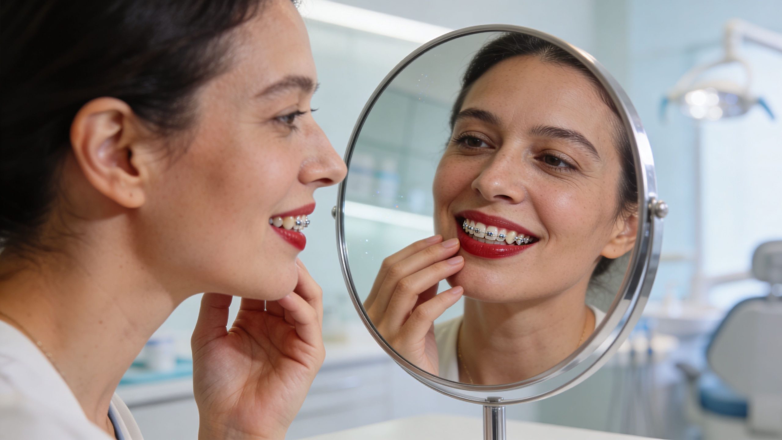 A smiling woman with braces looking at her reflection in a circular dental office mirror.