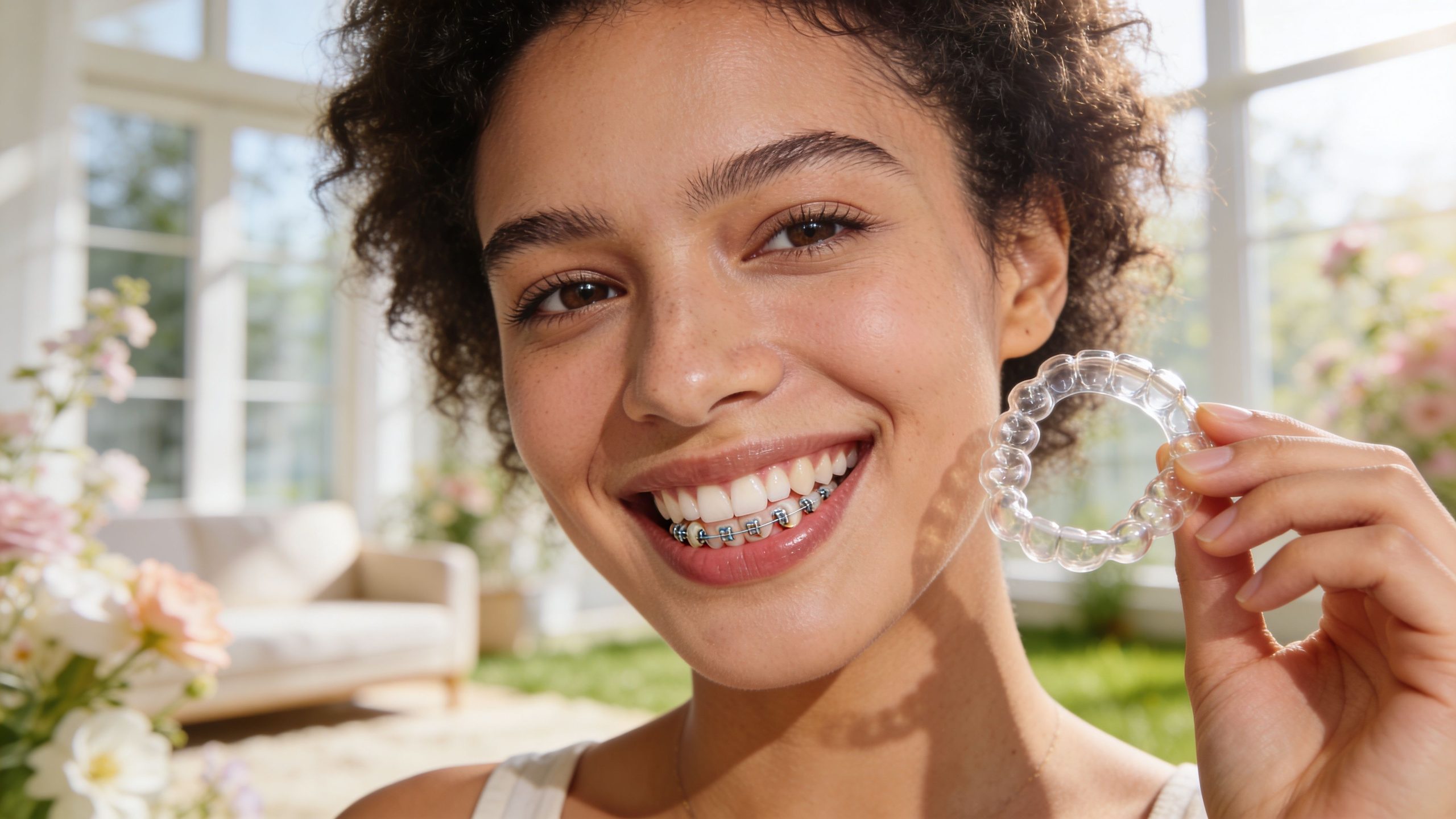 A smiling young woman wearing metal braces holding a clear plastic retainer up to her face.