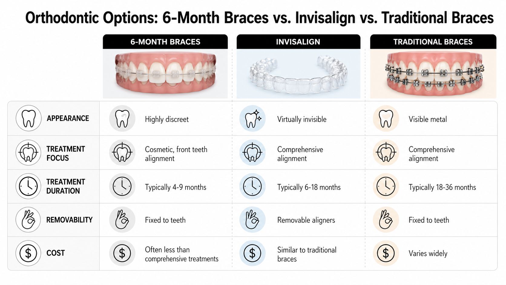A comparison chart outlining the differences between 6-month braces, Invisalign, and traditional braces options.