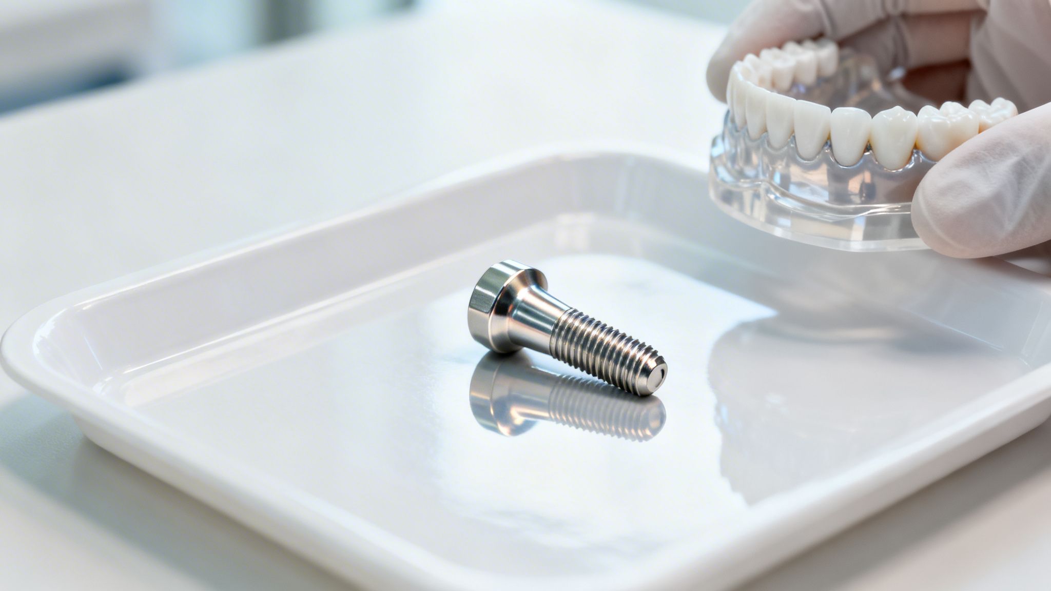 A gloved hand holds a clear dental implant model, with a titanium implant screw on a white tray.