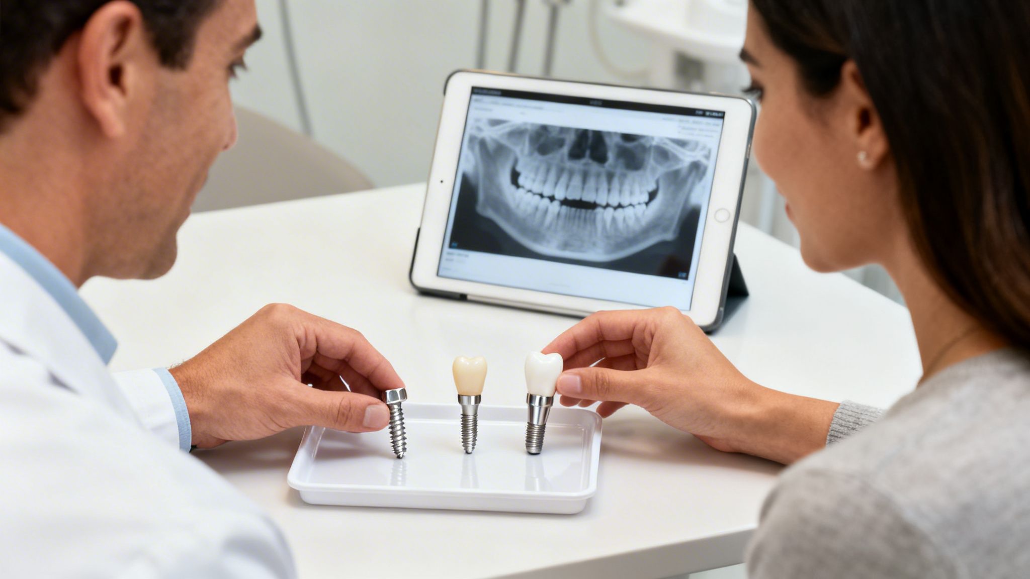 A dentist shows a patient different dental implant models and a teeth X-ray on a tablet.