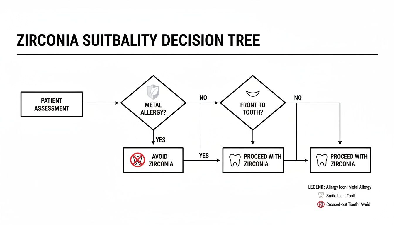 Decision tree flowchart for zirconia suitability in dental procedures, considering metal allergy and tooth location.