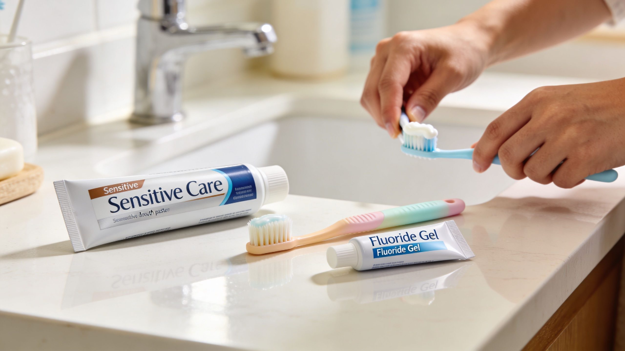 A person applying toothpaste onto a blue toothbrush beside sensitive care and fluoride gel tubes on a counter.