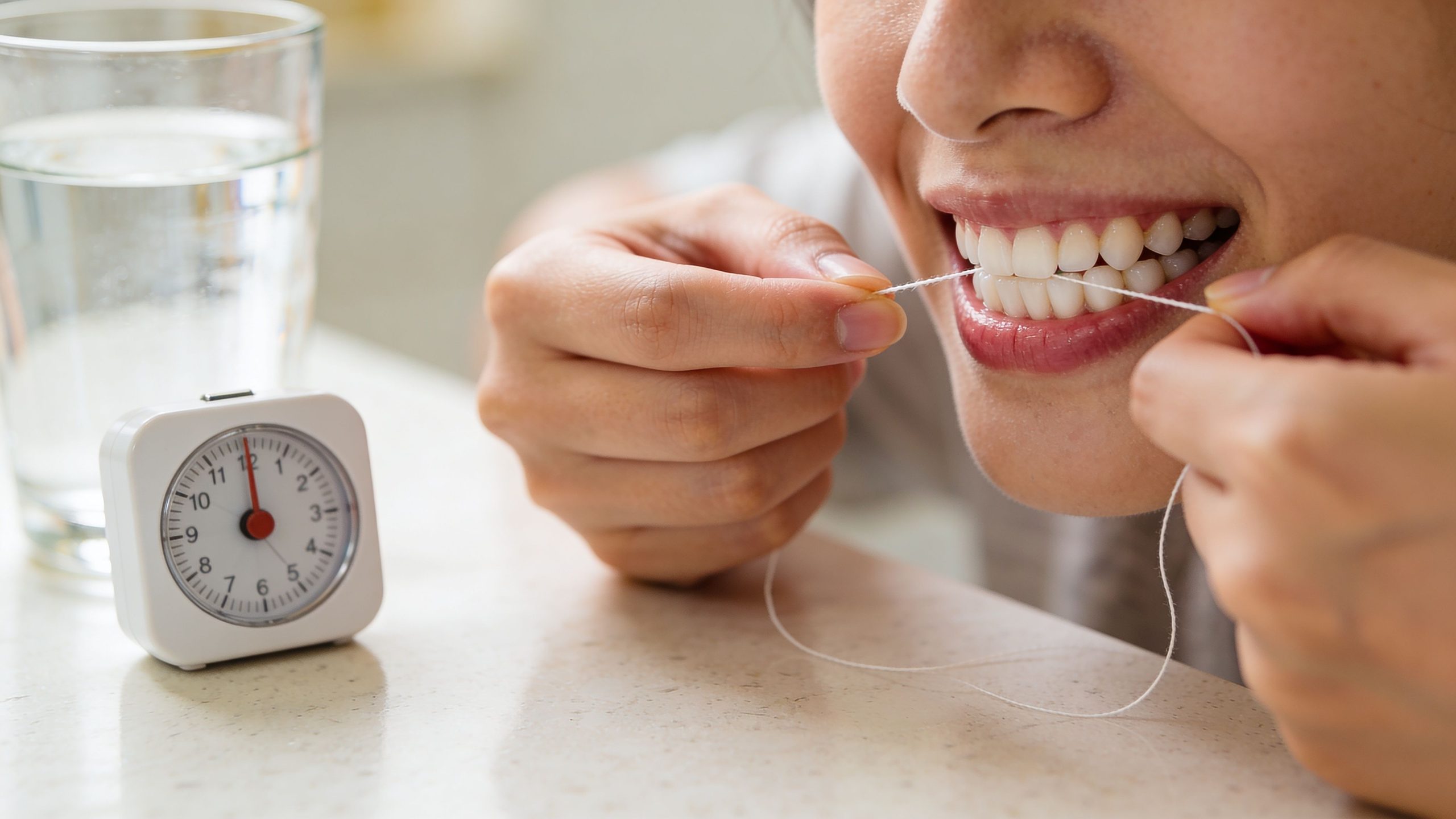A close-up view of a person flossing their teeth, with a timer and a glass of water nearby.