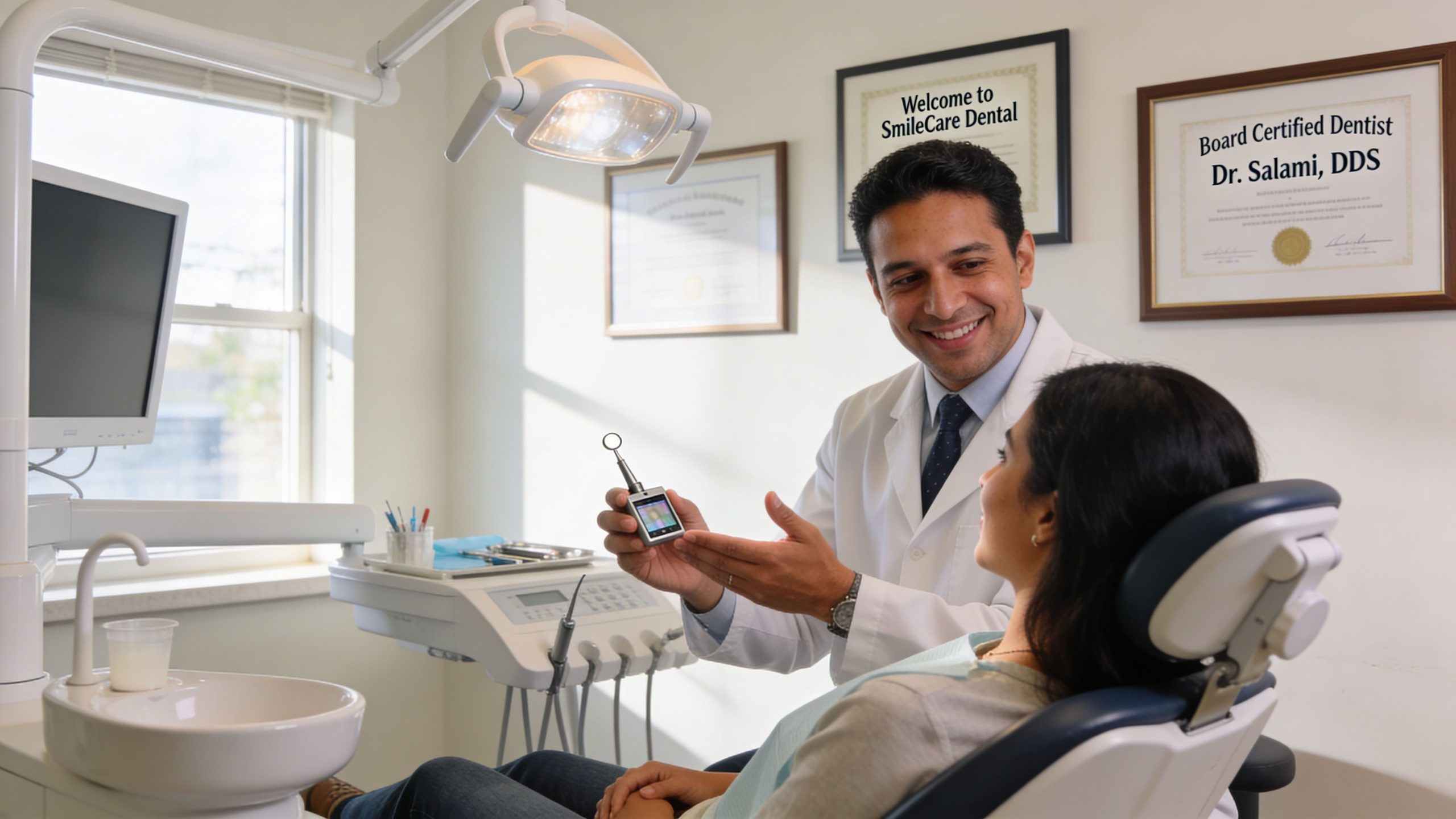 A friendly dentist showing a diagnostic image on a handheld device to a patient in an office.