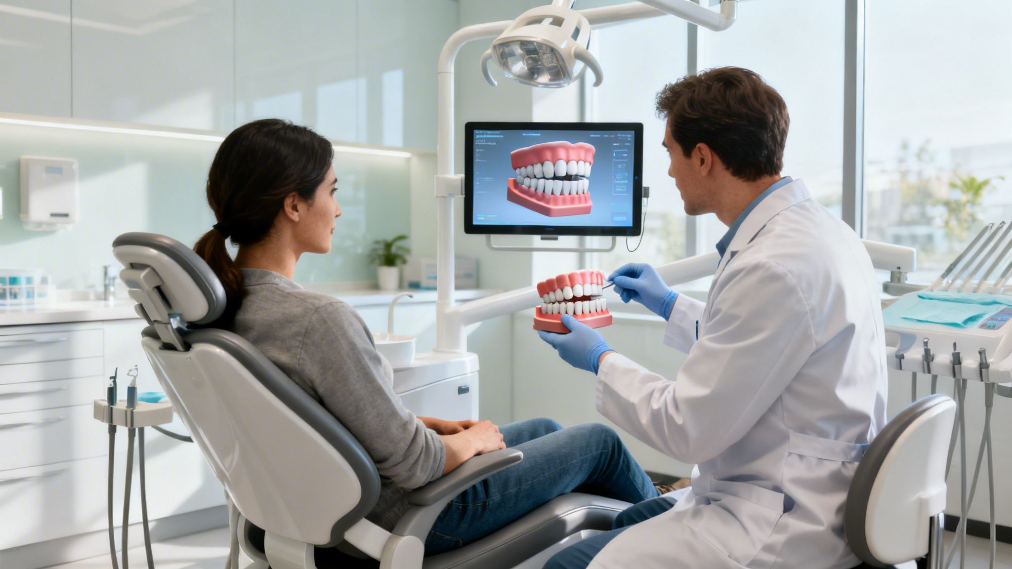 A dentist shows a dental model to a female patient sitting in a dental chair during consultation.