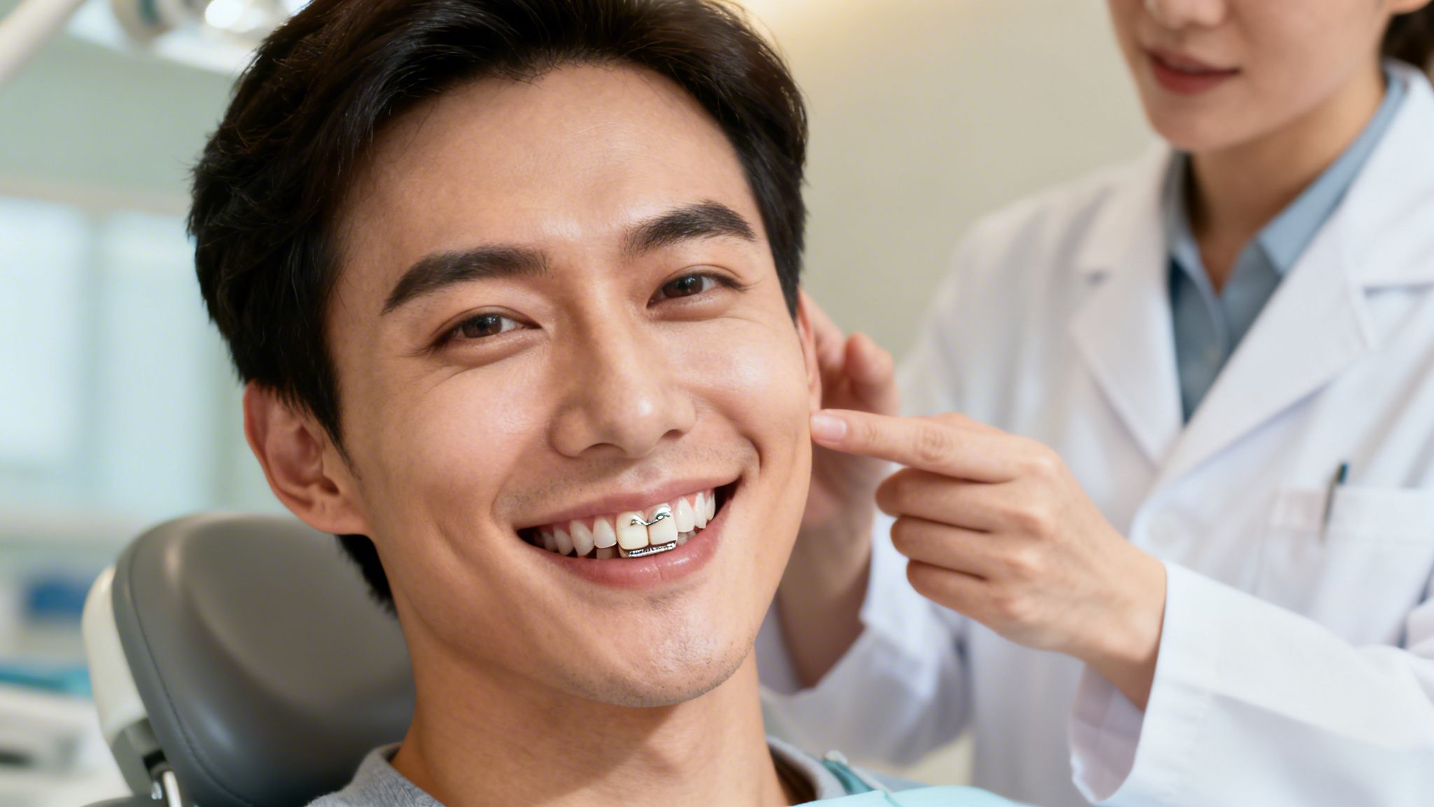 A male patient smiling with a Maryland bridge on his front teeth while a dentist performs an examination.