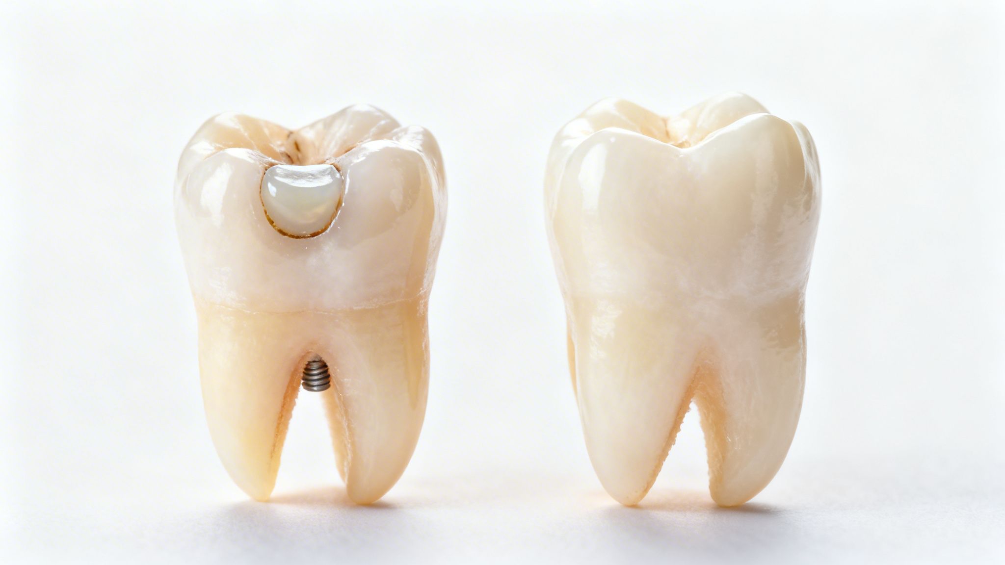 A studio shot showing a damaged tooth with a metal post and a healthy, intact human molar.