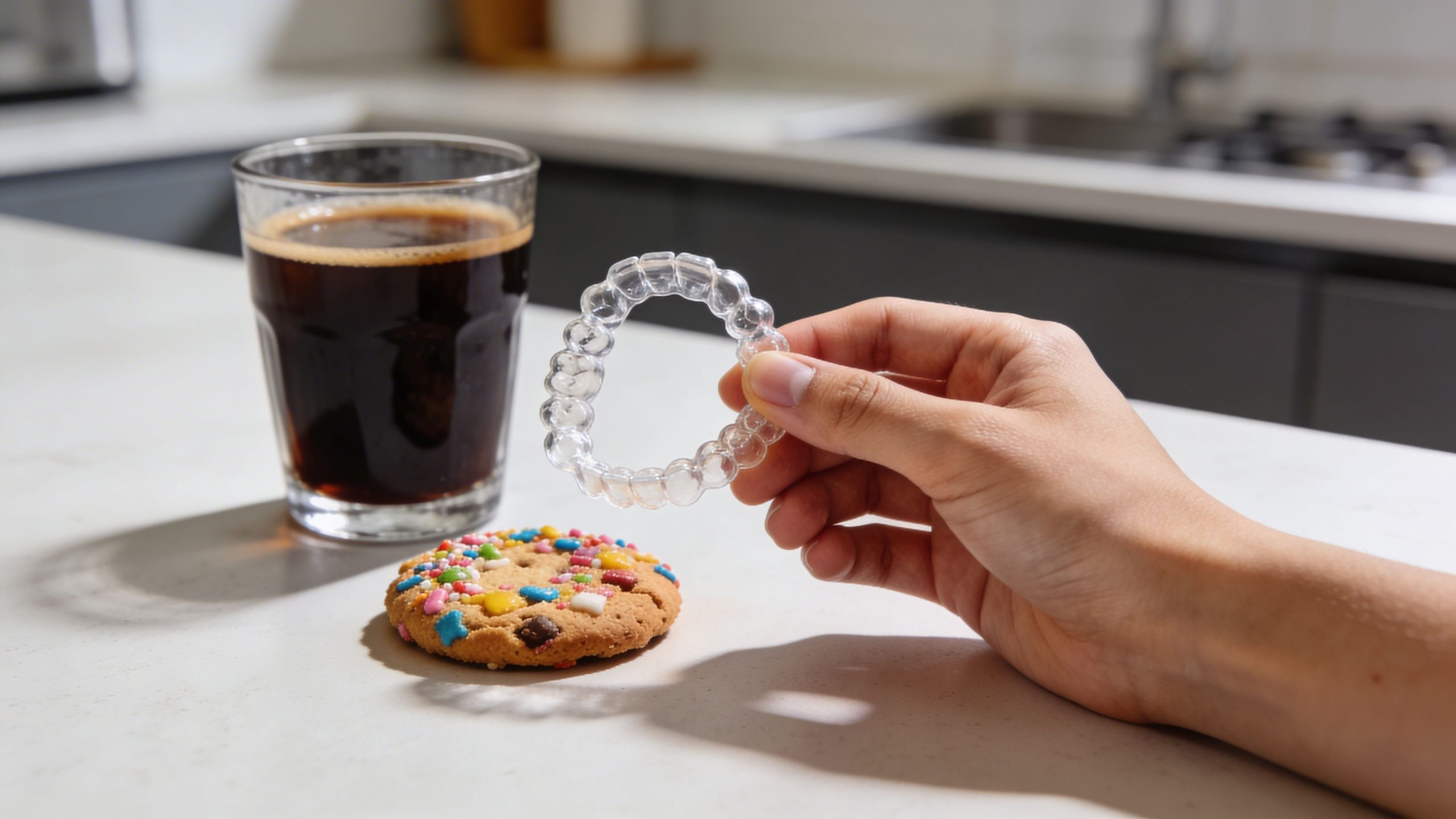 A hand holding a clear dental aligner next to a cookie and a cup of black coffee.