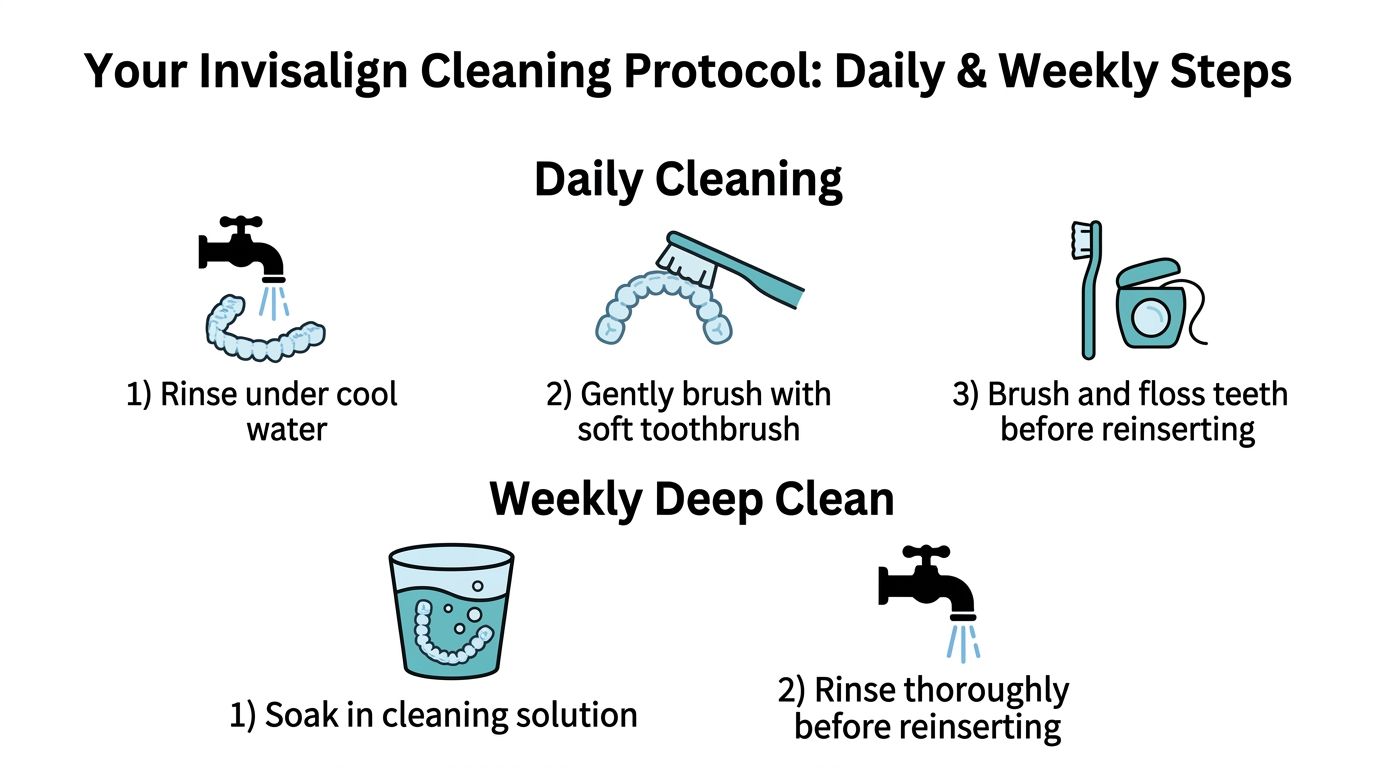 An infographic showing daily and weekly steps to properly clean Invisalign clear aligners for good hygiene.
