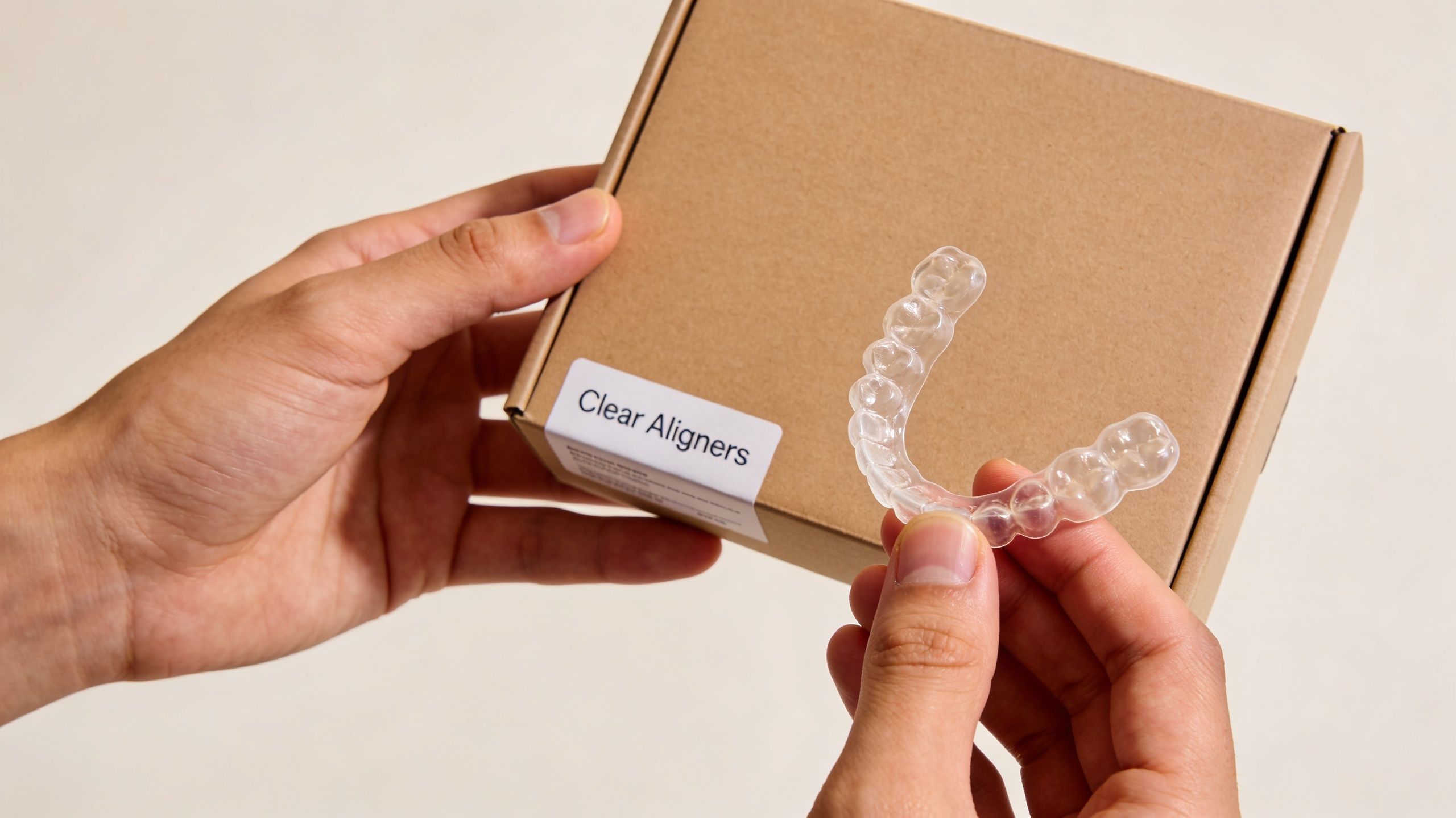 A person holding a cardboard shipping box labeled Clear Aligners next to a transparent dental alignment tray.