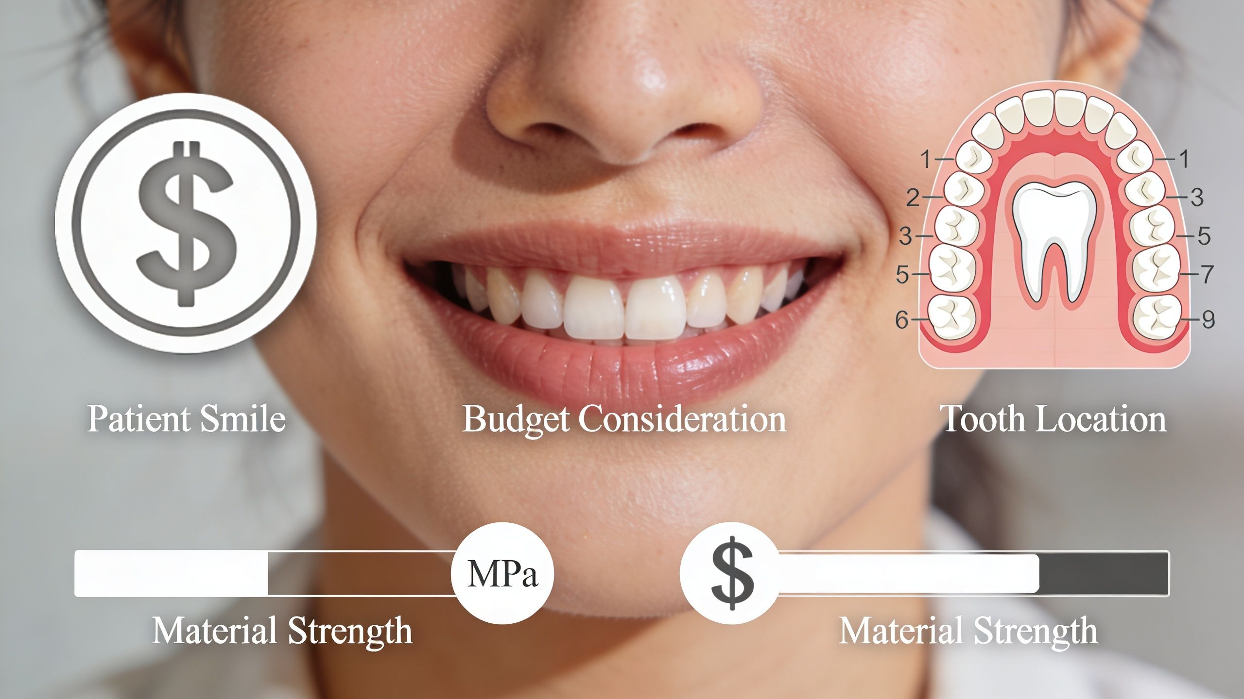 An infographic showing factors for dental crown selection including patient smile, budget, tooth location, and material strength.