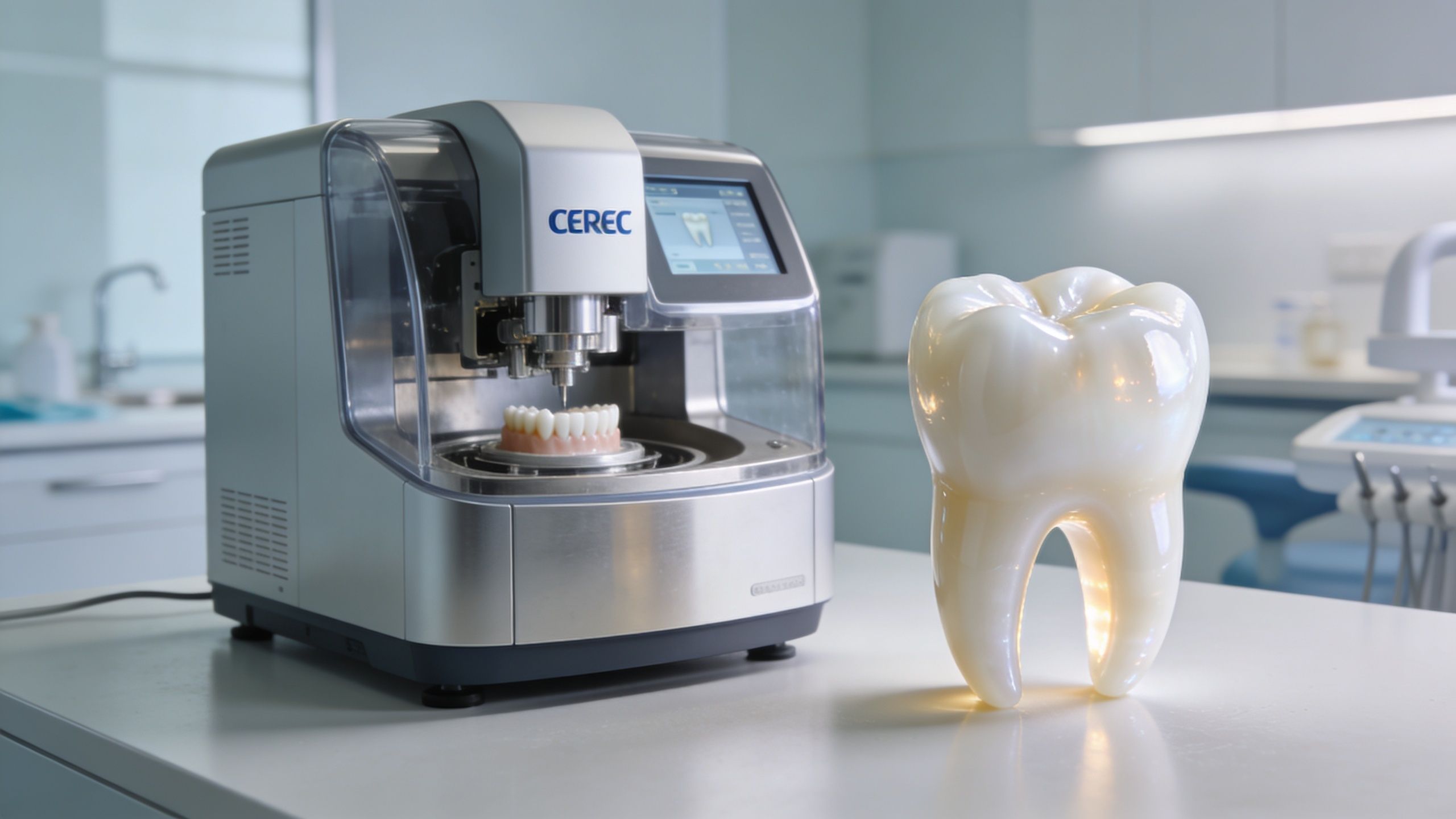 A CEREC milling machine used for fabricating dental crowns sitting next to a large model of a tooth.