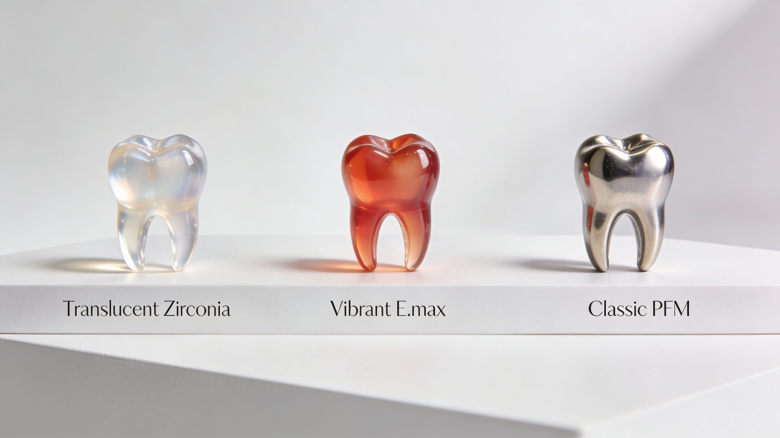 Three dental crown models displayed on a platform, showing Translucent Zirconia, Vibrant E.max, and Classic PFM materials.