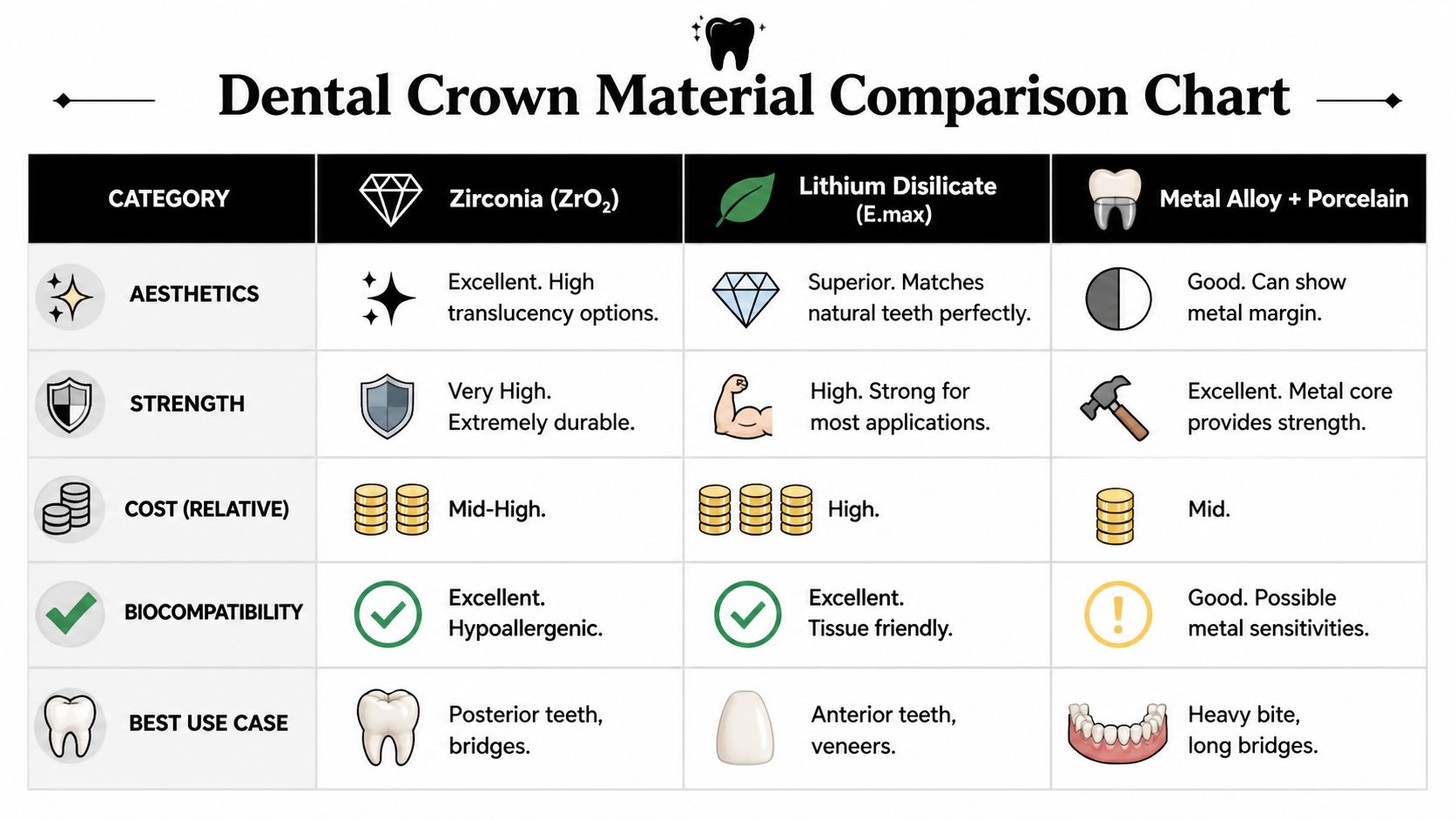 A comparison chart outlining the aesthetics, strength, cost, biocompatibility, and best use cases of dental crown materials.