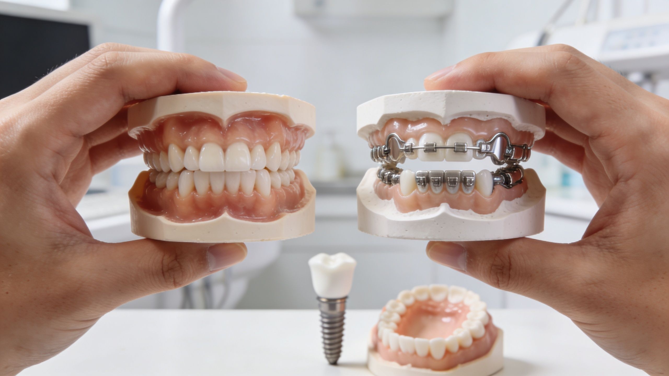 A person holding two dental models, one with braces and one without, alongside a dental implant model.