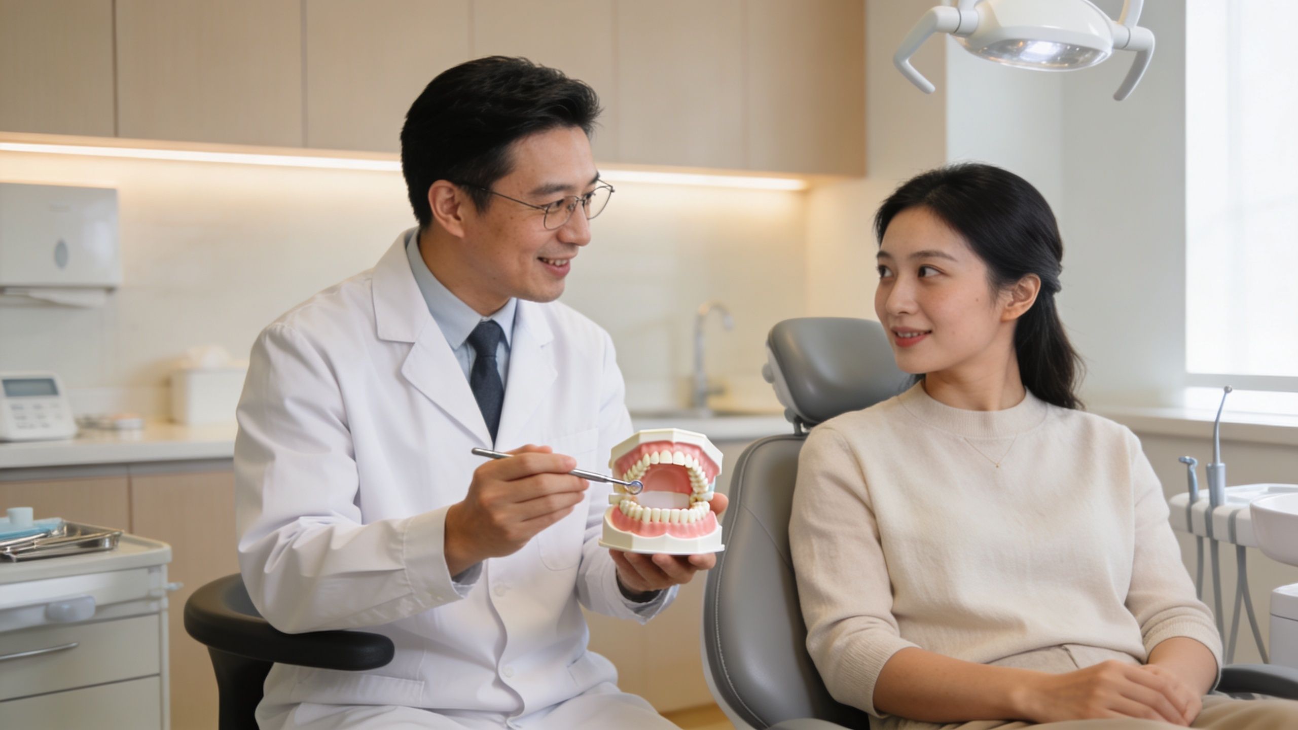 A professional dentist explaining a dental model to a female patient during a consultation at a clinic.